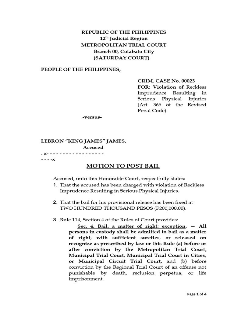 Motion To Post Bail | PDF | Social Science | Law