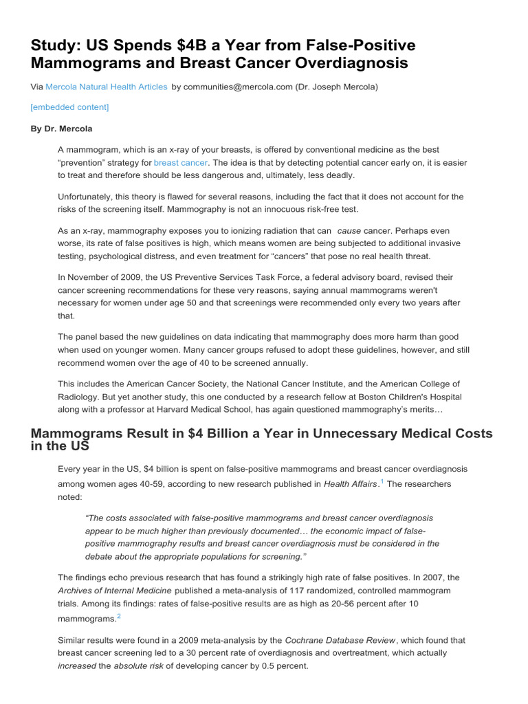 Study us spends 4b a year from false positive mammograms and breast