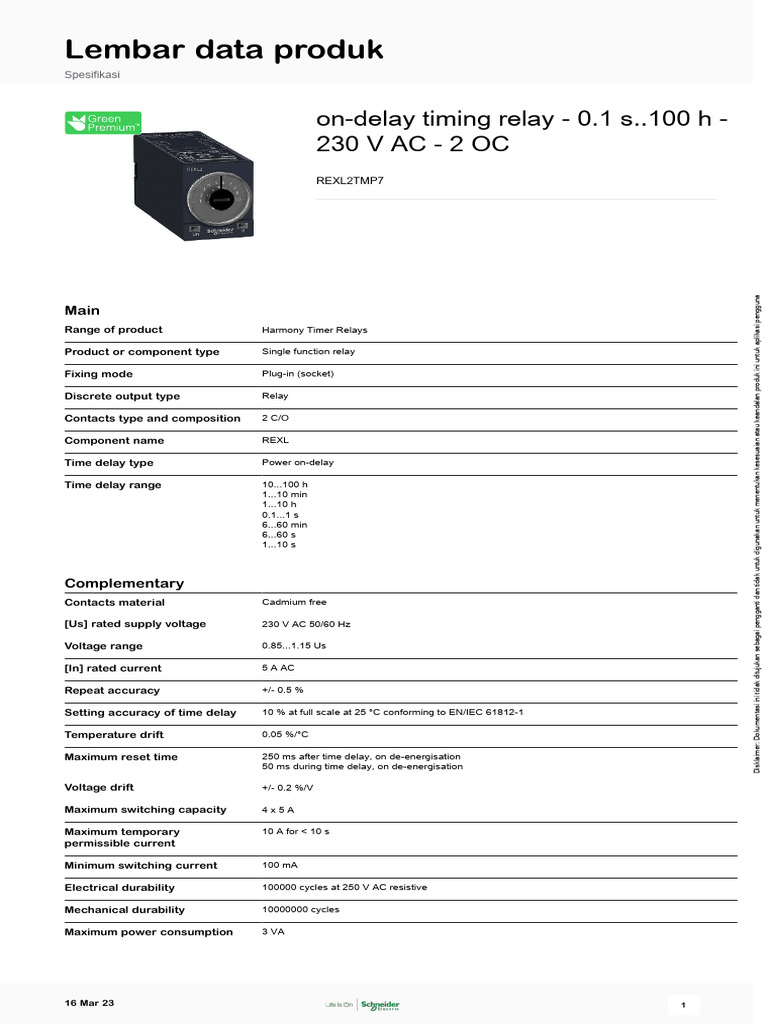 ZELIO On-Delay Timing Relay Specs | PDF