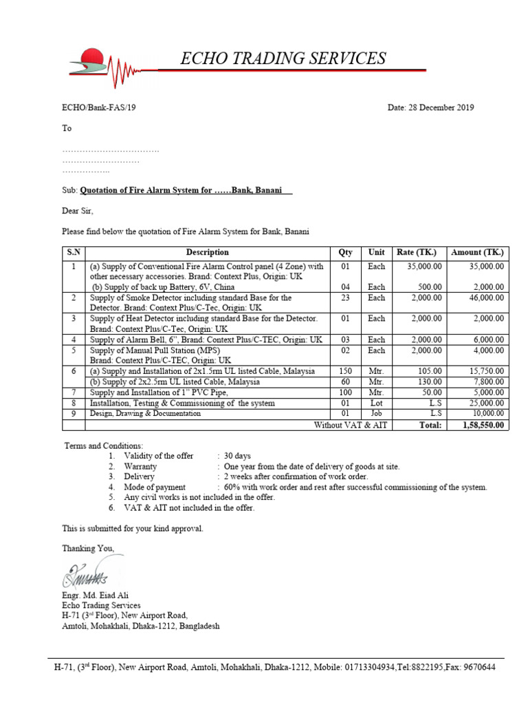 28.12.19 Quotation For Fire Alarm, Fire Hydrant & Conference System