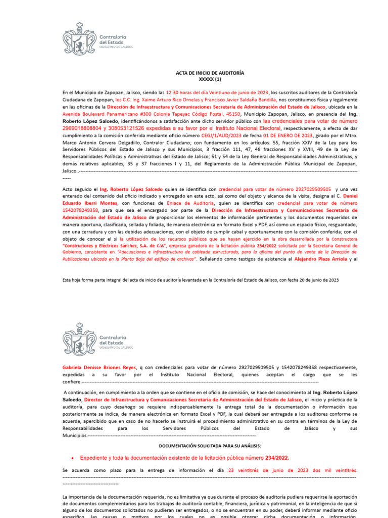 Acta de Inicio de Auditoría en Zapopan | PDF