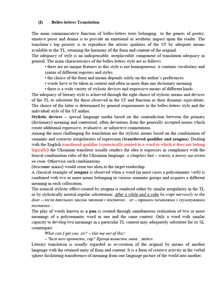 Belles-Lettres Translation Techniques | PDF | General Fiction