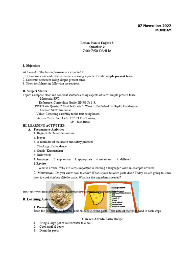 English 5 Lesson Plan: Simple Present Tense | PDF | Career & Growth