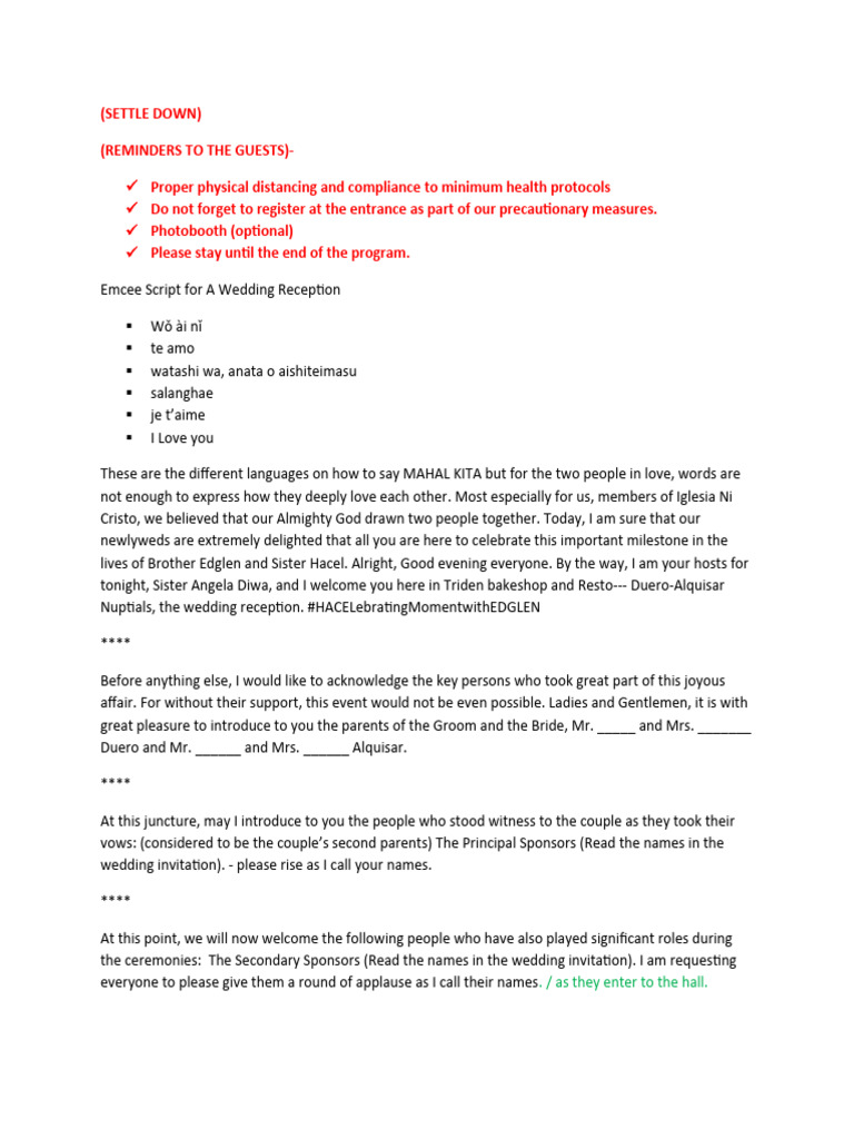Wedding Reception Emcee Script Guide | PDF | Art