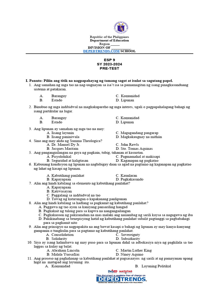 Esp 9 Pre Test Sy 2023-2024 | PDF
