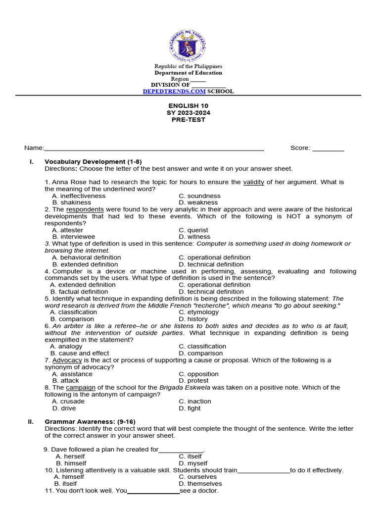 English 10 Pre-Test for SY 2023-2024 | PDF | Social Science