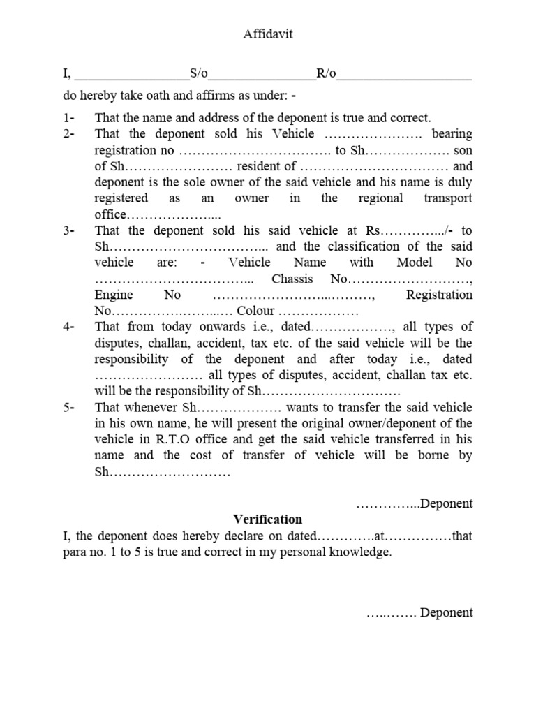 RTO Vehicle Transfer Affidavit English-1642419197j | PDF