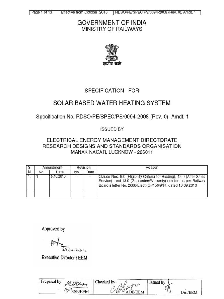 Solar Water Heating System Specification | PDF | Technology & Engineering