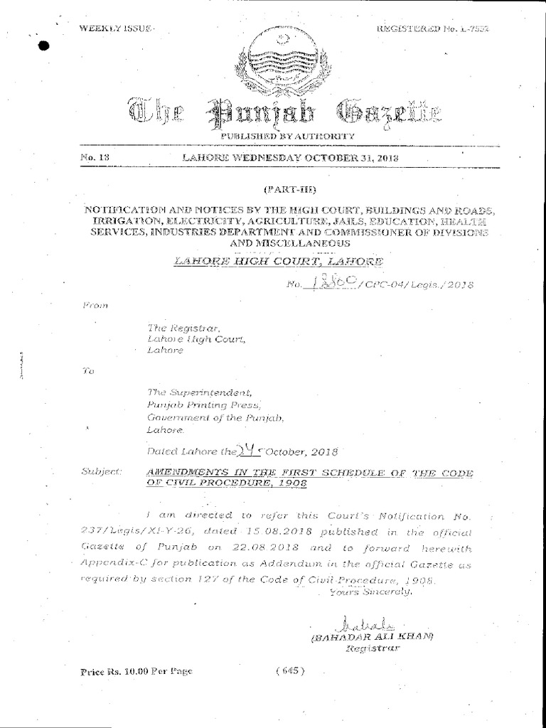 Addendum of the amendment in the first schedule of the code of civil