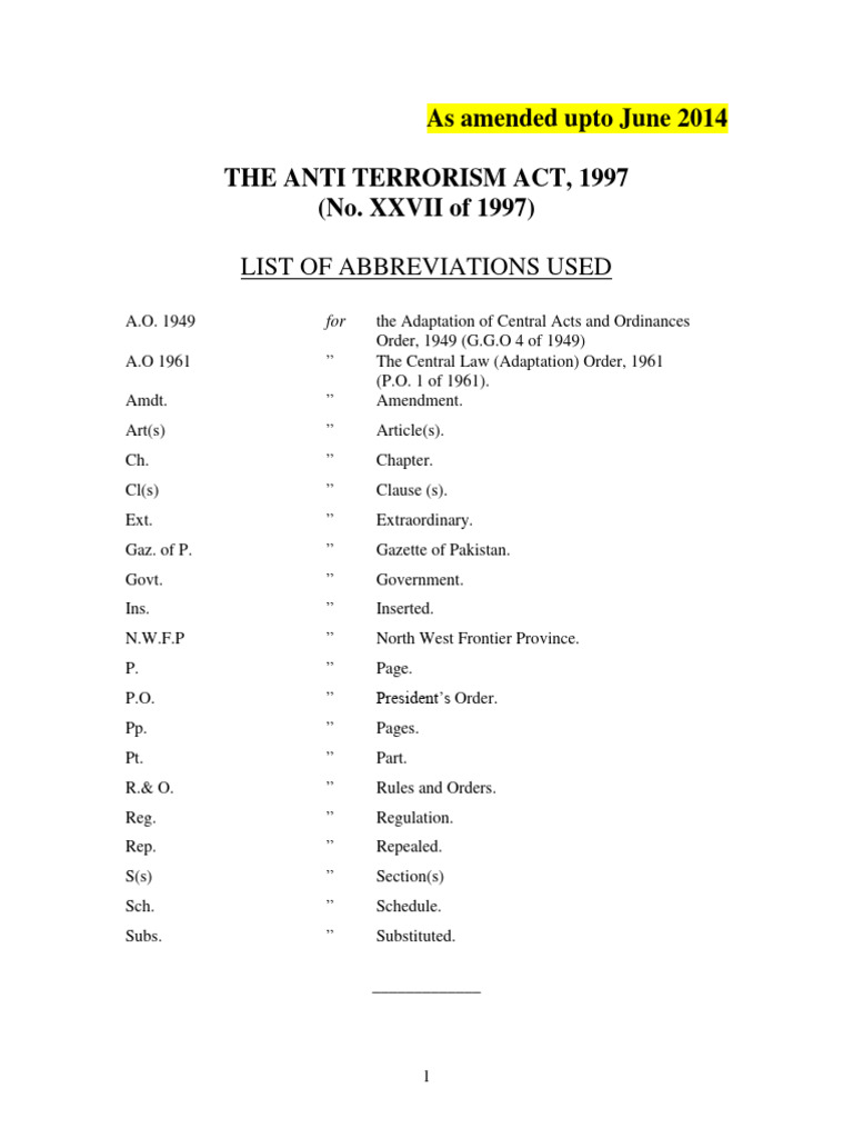 Anti-Terrorism Act 1997 Amended Upto June 2014 | PDF