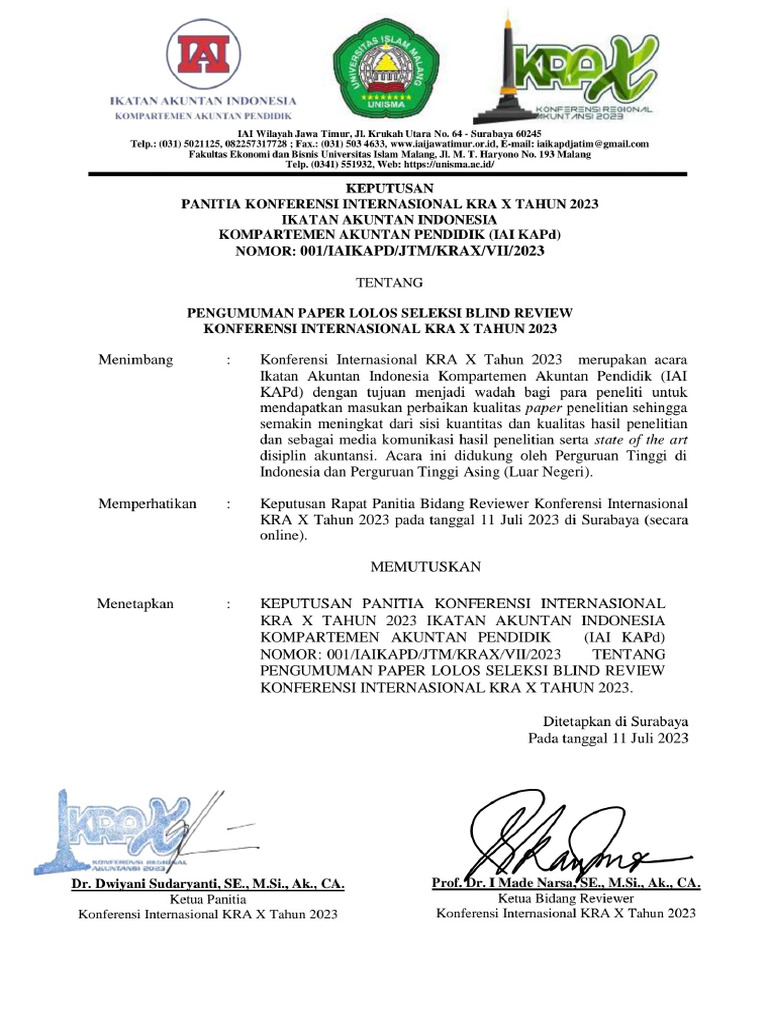 SK Paper Lolos Blind Review KRA X Tahun 2023 | PDF