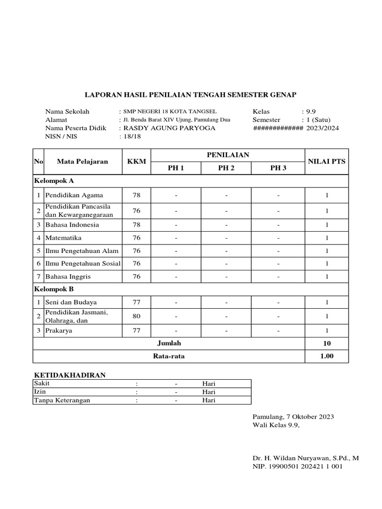 Raport PTS Ganjil Kelas 9 | PDF