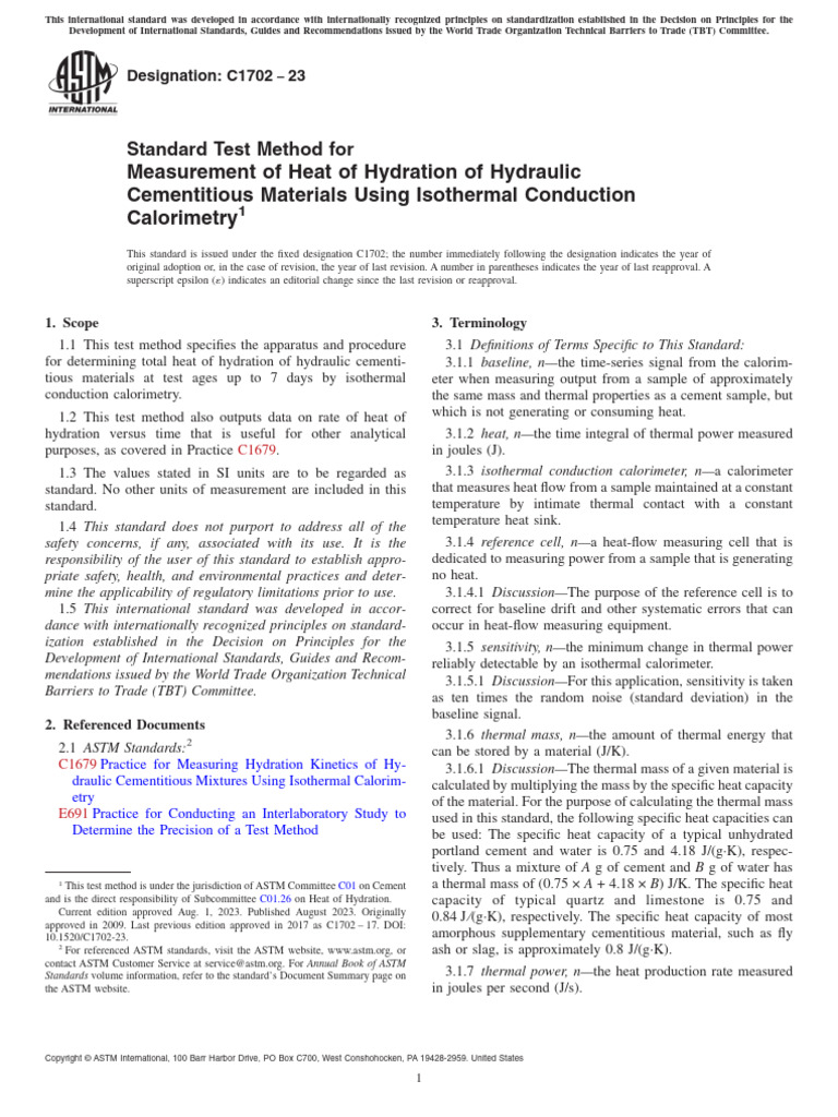 ASTM C1702-23 Standard Test Method For Measurement of Heat of Hydration ...