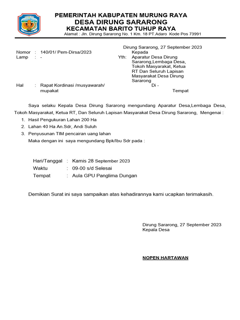contoh surat undangan rapat | PDF
