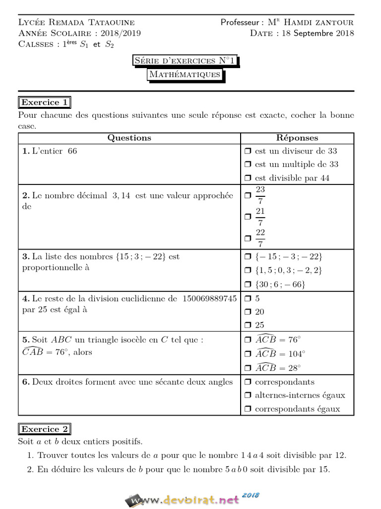 Série D'exercices N°1 - Math - Activités Numériques I - Angles - 1ère ...