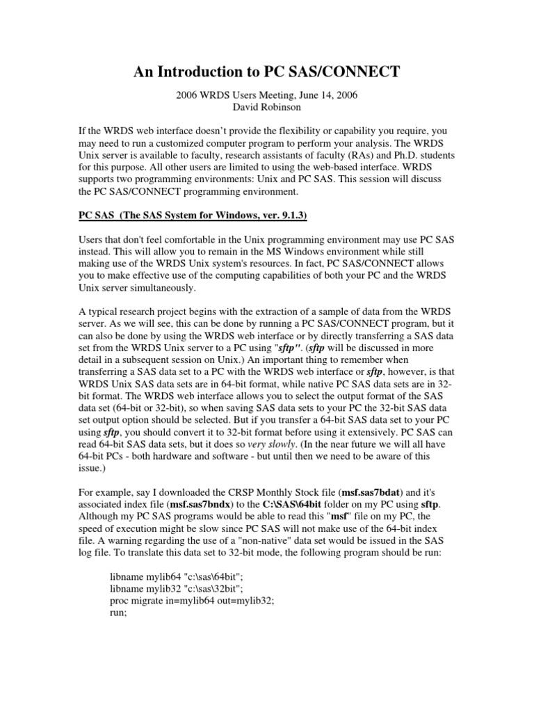 PC SAS/CONNECT Overview for WRDS Users | PDF | Sas (Software) | 64 Bit ...