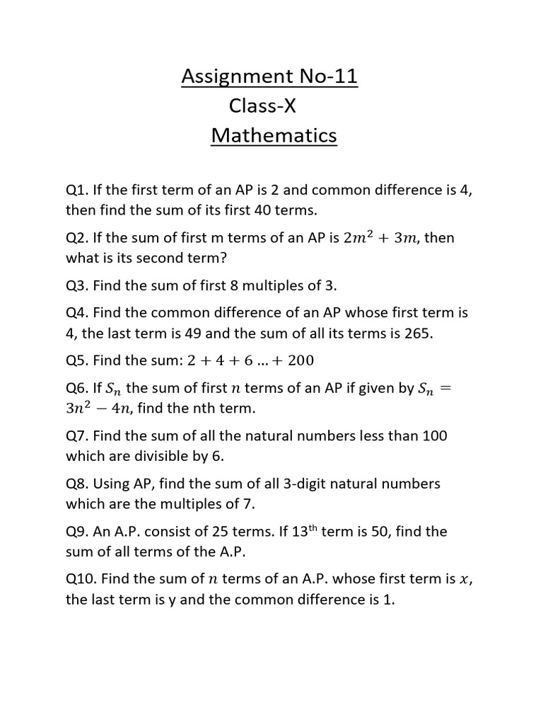 Assignment No11 ClassX Mathematics PDF