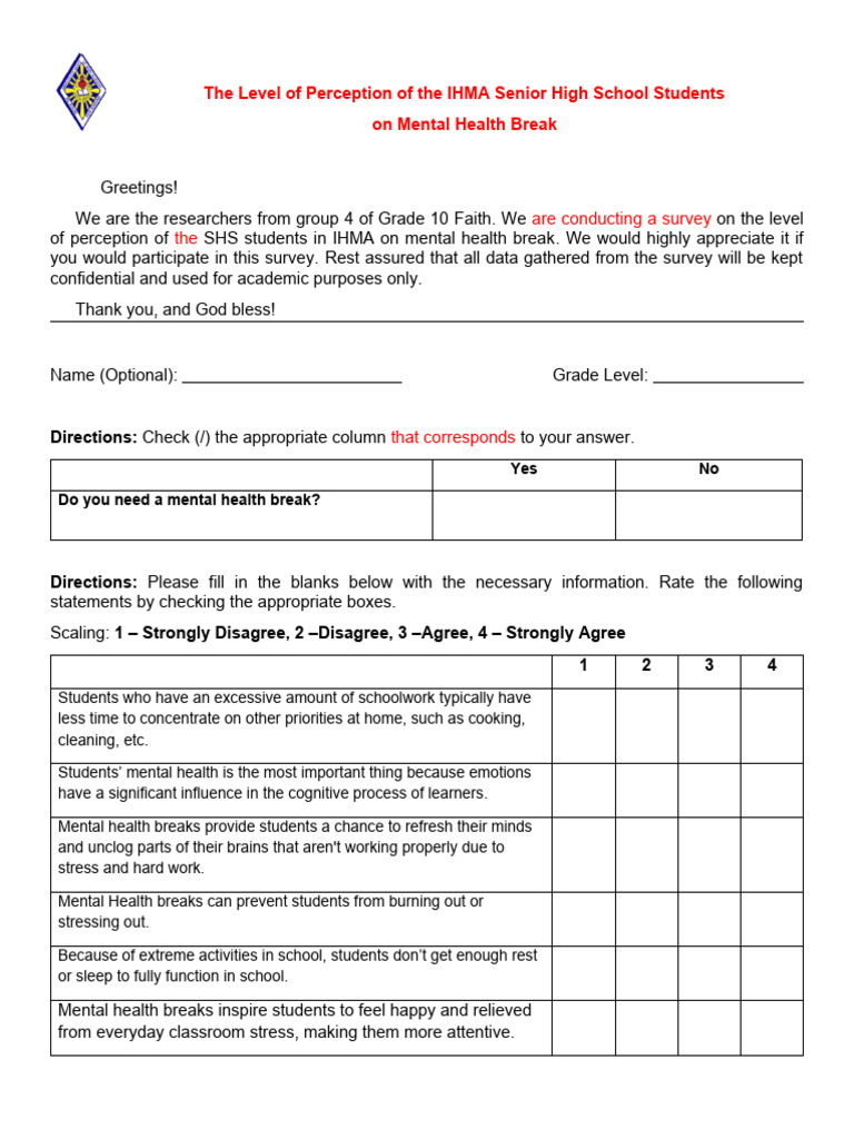 Survey Questionnaire About The Mental Health of Senior High School ...