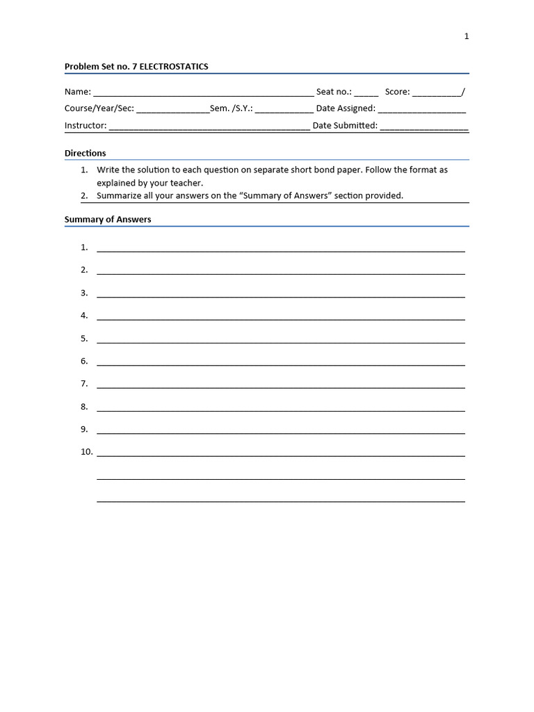 Electrostatics Problem Set Solutions | PDF | Teaching Methods ...