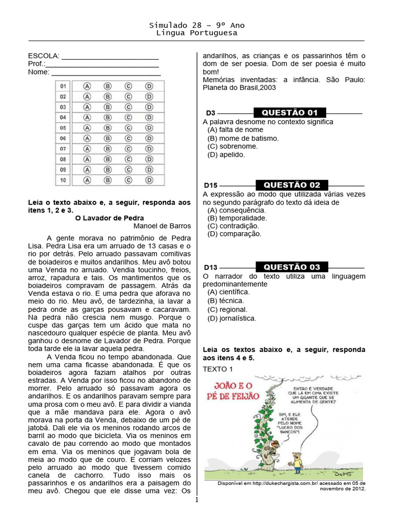 Simulado 28 Port. 9o Ano Blog Do Prof. Warles | PDF