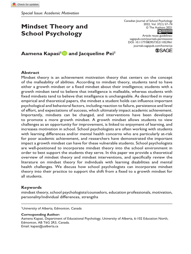 Kapasi Pei 2021 Mindset Theory and School Psychology PDF