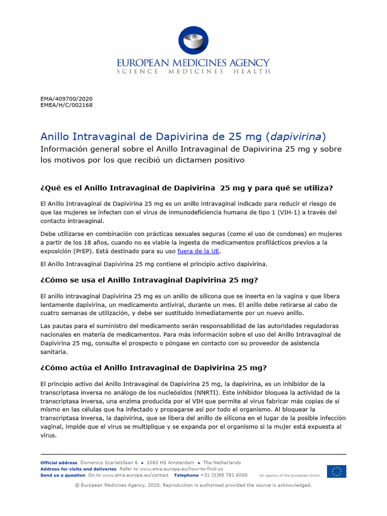Anillo Intravaginal Dapivirina 25 mg: Uso y Eficacia | PDF