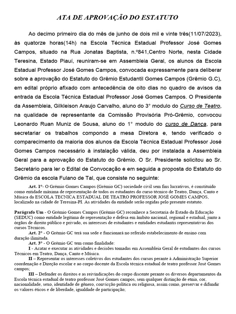 Ata de Aprovação Do Estatuto Gremio Gc 30.08 | PDF | Eleições | Grêmio ...