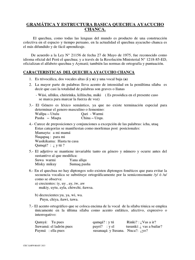 Gramática del Quechua Ayacucho Chanca | PDF | Artes del Lenguaje y ...