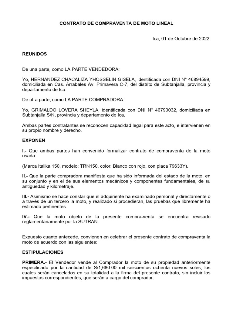 Contrato de Compraventa de Moto Lineal | PDF | Negocios | Finanzas y dinero
