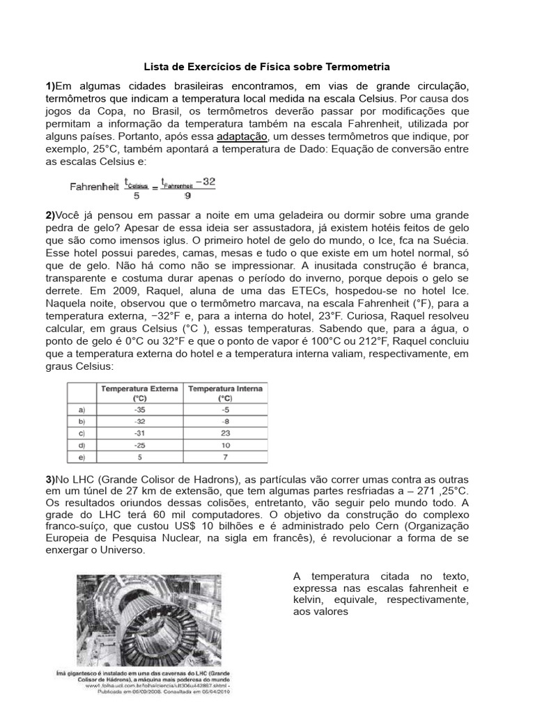 Exercícios de Termometria e Conversão | PDF | Celsius | Temperatura