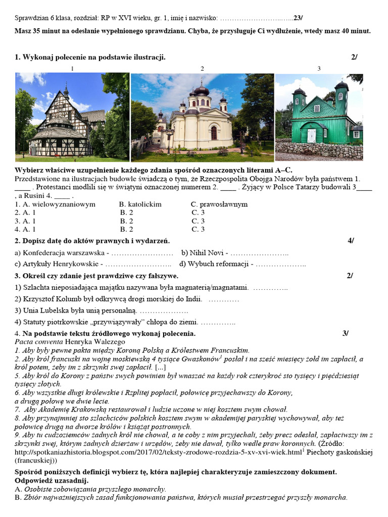 Sprawdzian Nowa Era Klasa 6 Sprawdzian 6 Klasa RP W XVI Wieku, Nowa PP 2021 | PDF