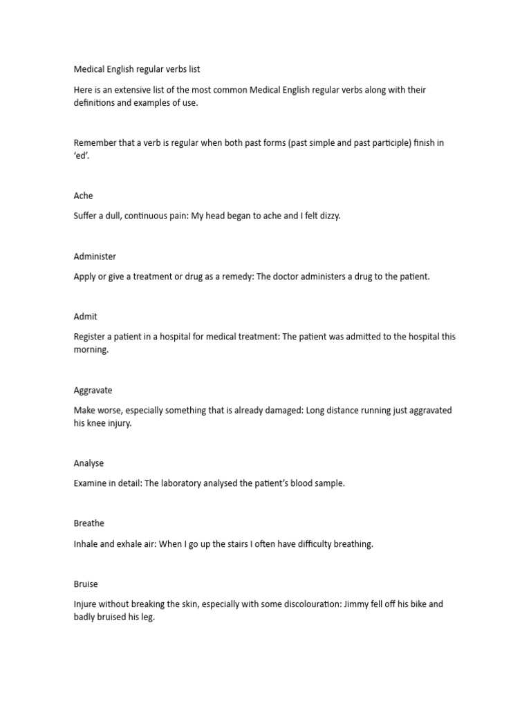Common Medical English Verbs List | PDF | Wellness