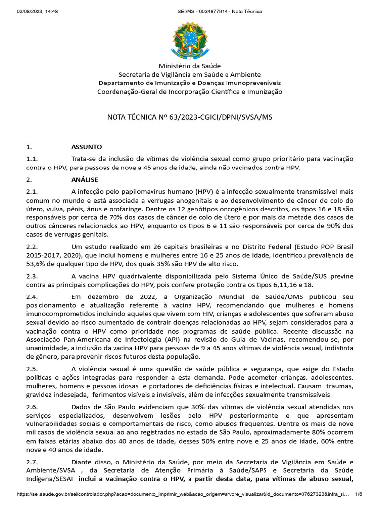 Hpv Nota Tecnica 63 2023 Cgici Dpni Svsa Ms | PDF | Violência | Causas ...
