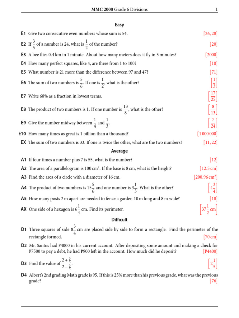 Grade 6 Math Problems and Solutions | PDF