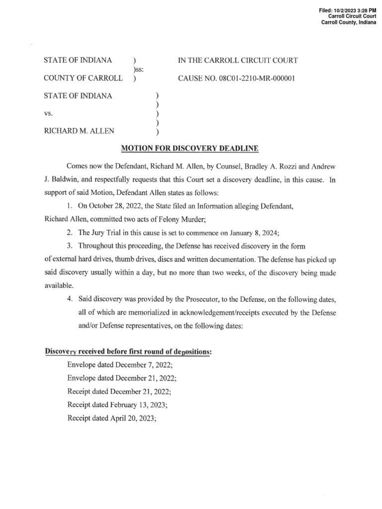 Richard Allen Discovery Deadline Motion | PDF