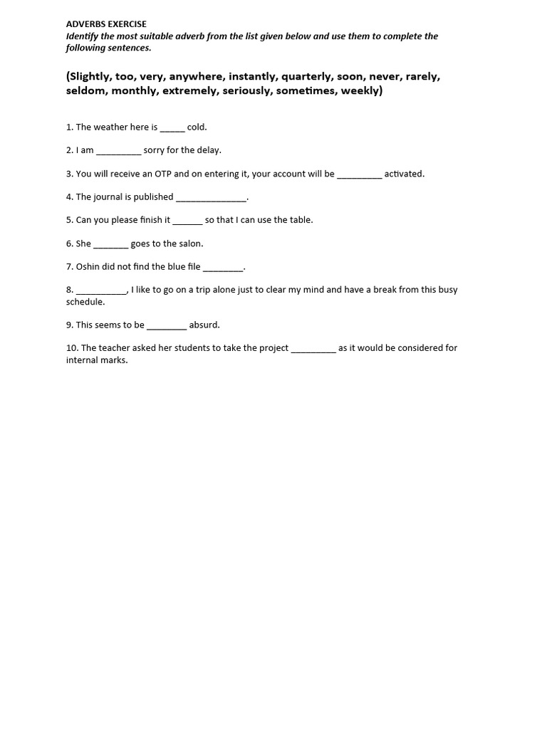 Adverbs Exercise with Answers | PDF | Self-Improvement