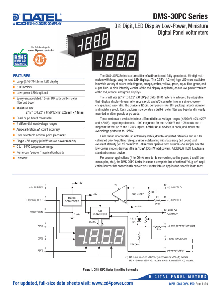 Voltmètre Numérique DATEL DMS-30PC-1-RS - Plage ±2VDC, Afficheur LED 3½ Chiffres - Alimentation 5VDC - Occasion