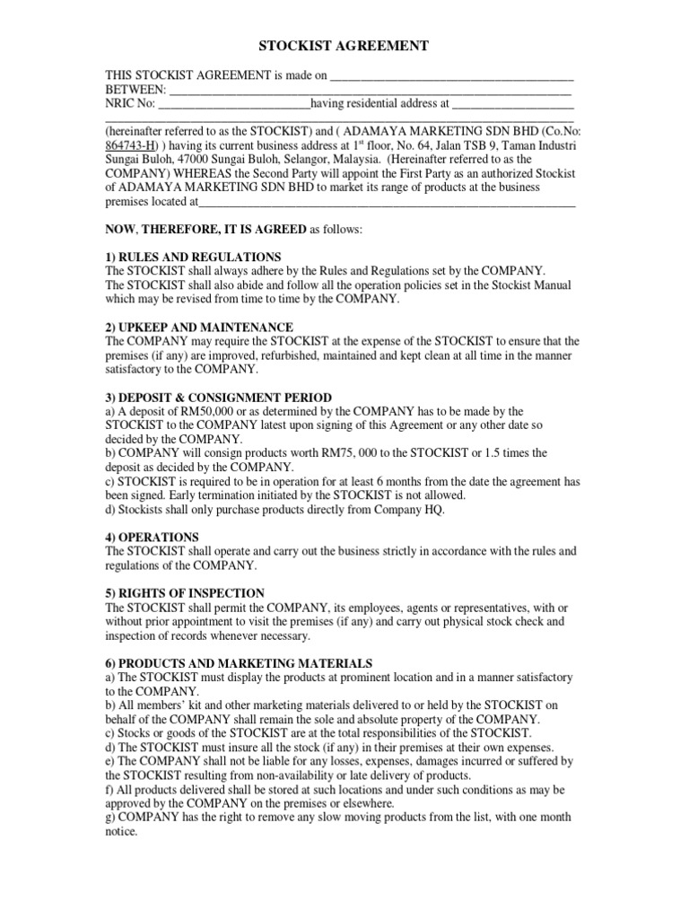 Stockist Agreement for Adamaya Marketing | PDF | Guarantee | Payments