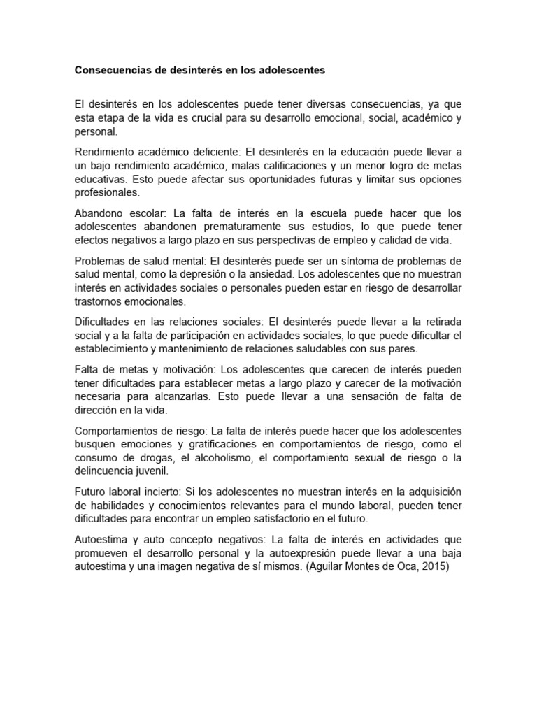 Consecuencias del desinterés en adolescentes | PDF