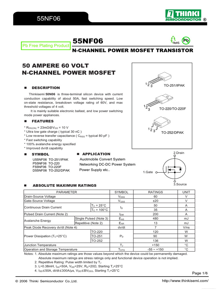 P55NF06 ThinkiSemiconductor | PDF | Field Effect Transistor | Mosfet