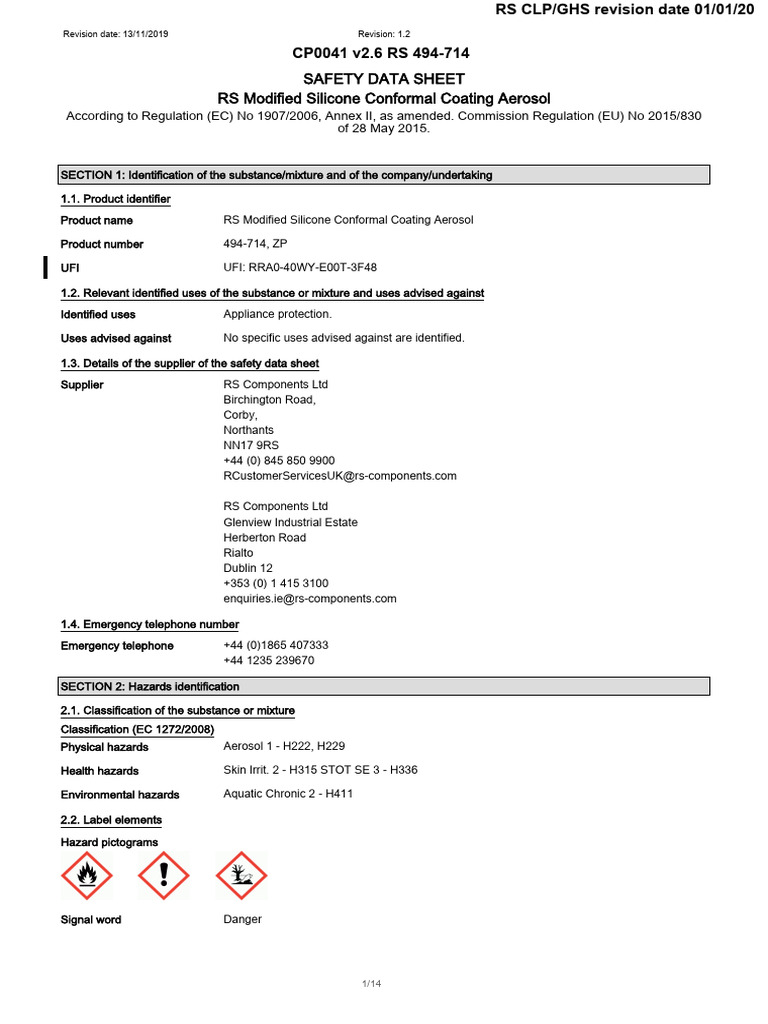 RS Conformal Coating SDS | PDF | Labor Relations | Chemistry