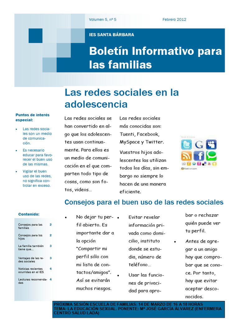 Boletín Informativo Para Las Familias Las Redes Sociales En La