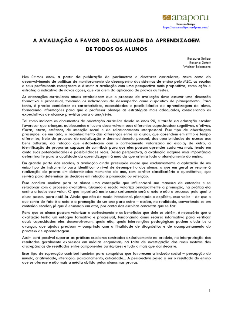 Avaliação Formativa na Aprendizagem Escolar | PDF | Aprendizado | Pedagogia