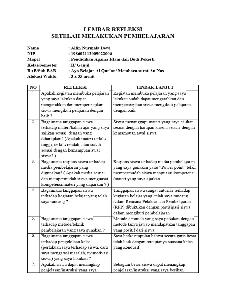Refleksi Pembelajaran Al Qur'an Kelas II | PDF | Karier & Perkembangan