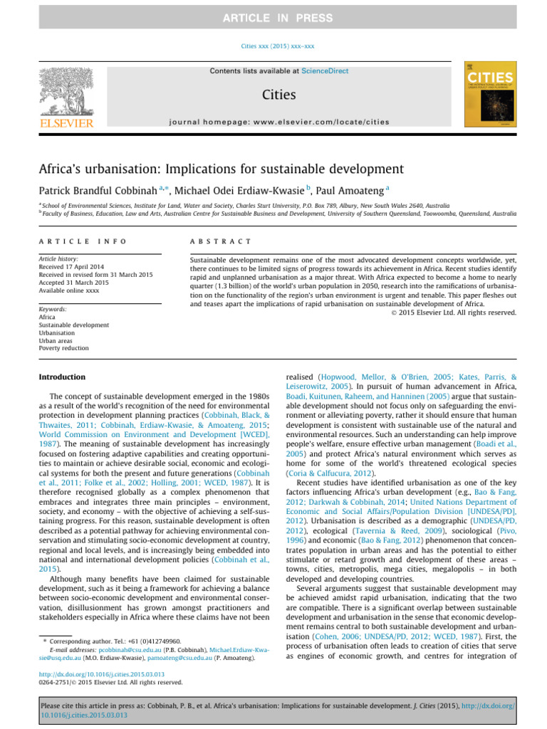 Urbanisation and Sustainable Development in Africa | PDF | Social Science