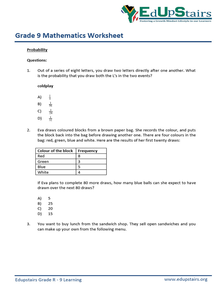 Grade 9 Probability Worksheet | PDF