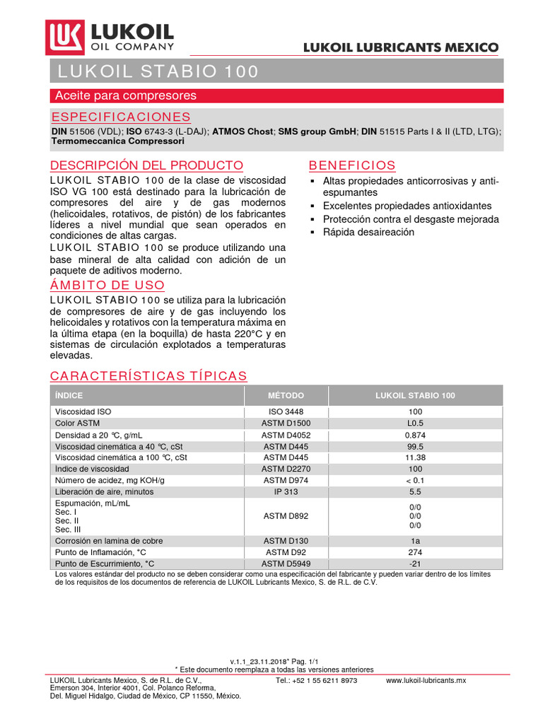 Tds Lukoil Stabio 100 v.1.1 Esp | PDF | Lubricante | Materiales
