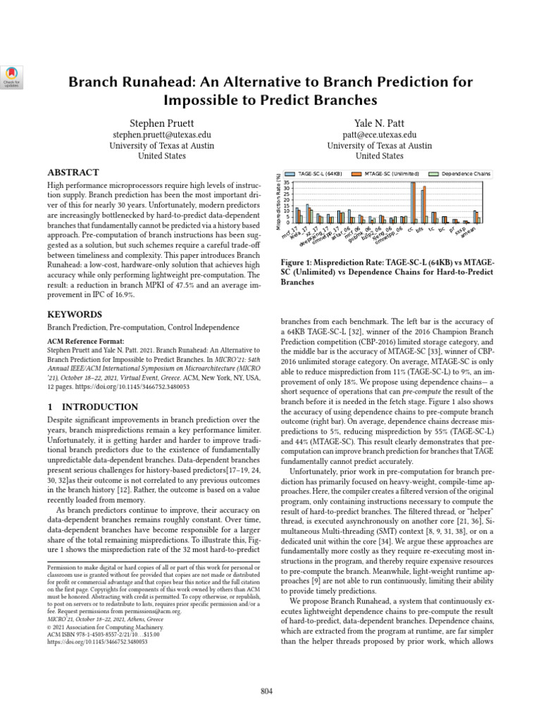 Branch Runahead: An Alternative To Branch Prediction For Impossible To ...