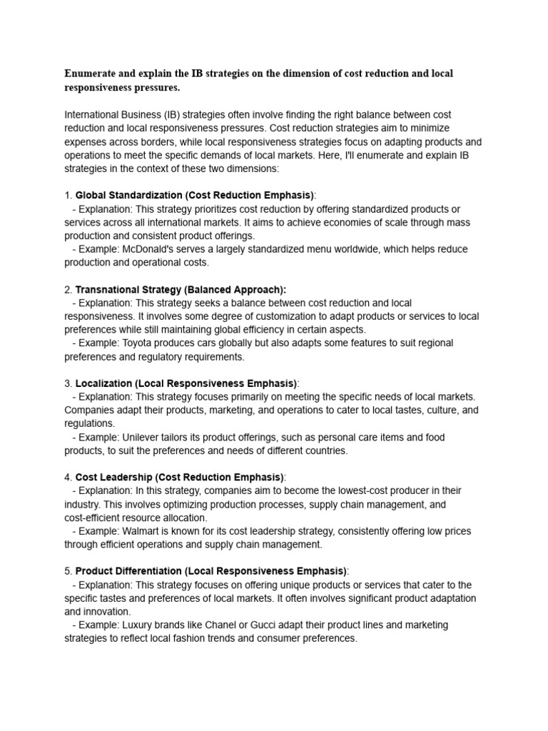 IB strategies on the dimension of cost reduction and local