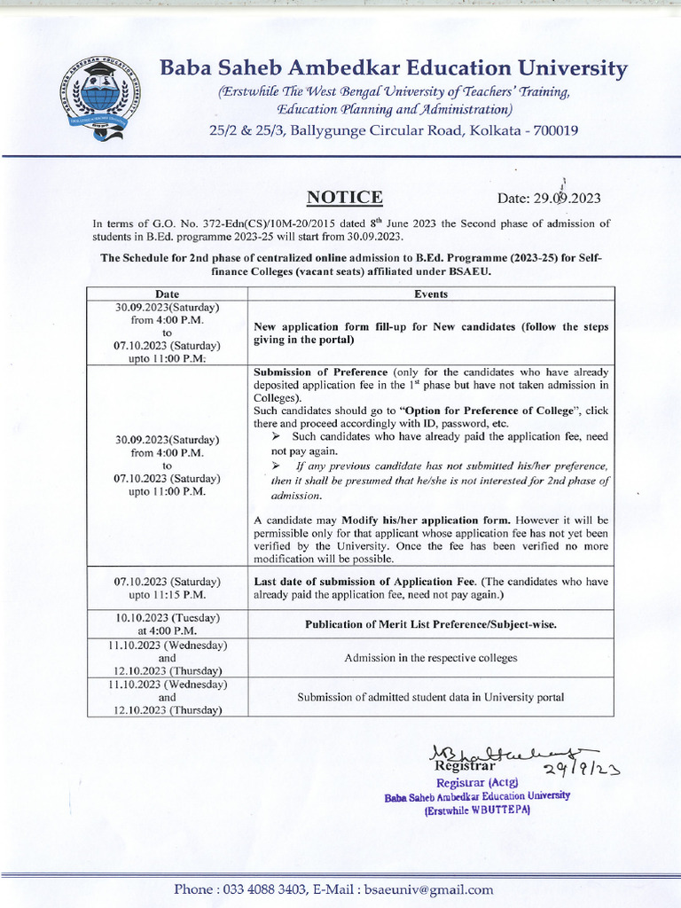 2nd Phase Admission Schedule B Ed 2023-25 For Self Finance | PDF